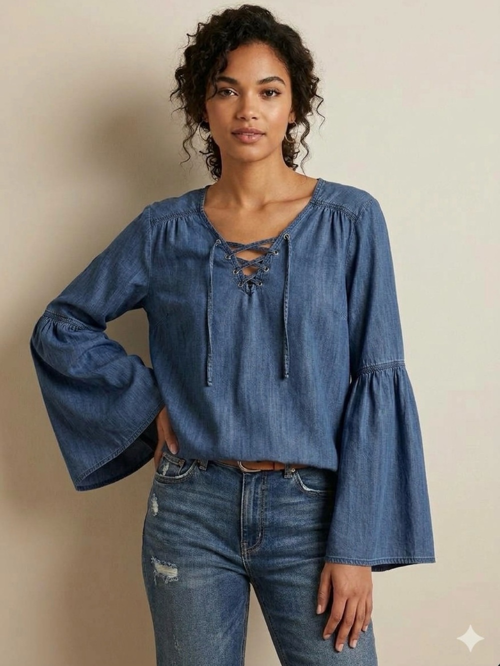 Rock & Roll Cowgirl Blue Chambray Lace-Up Bell Sleeve Top